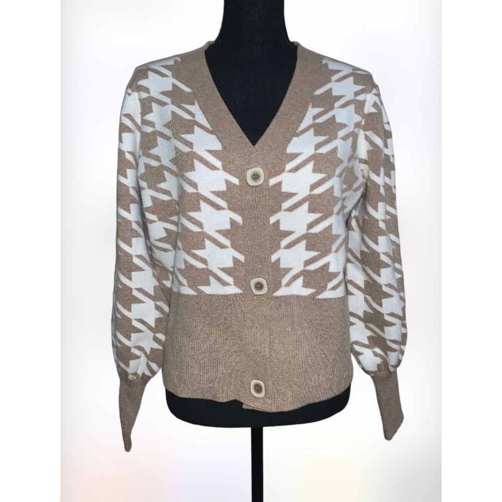 Joie Beige & White Houndstooth V-Neck Button Cardigan